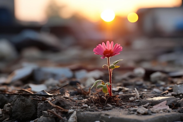 une fleur rose pousse hors du sol