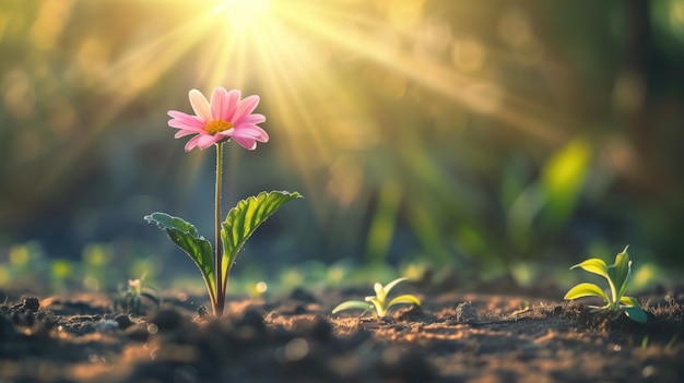 Une fleur rose qui fleurit avec la lumière du soleil derrière elle.