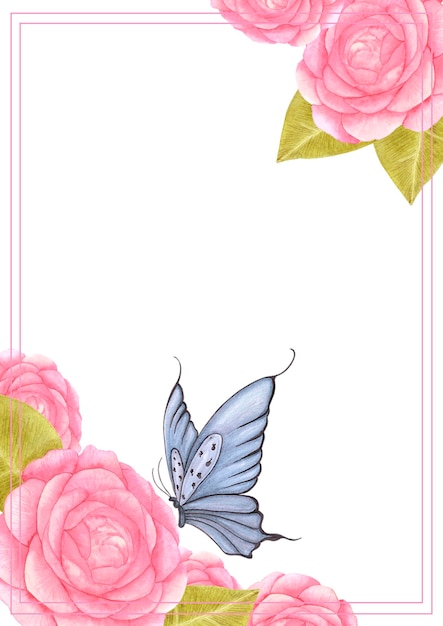 Fleur rose rose aquarelle dessinée à la main avec carte papillon isolé sur fond blanc Scrapbook carte postale bannière étiquette affiche