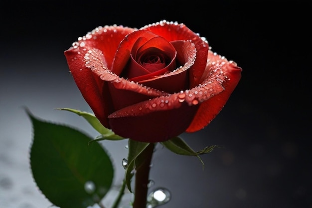 La fleur de rose rouge ornée de gouttes de rosée étincelantes en photographie macro sur surface noire