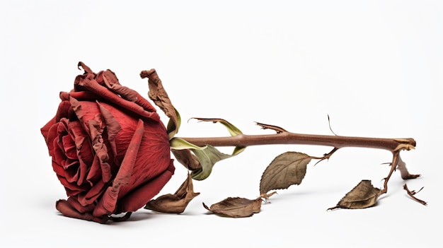 Une fleur de rose rouge sèche isolée sur un fond blanc