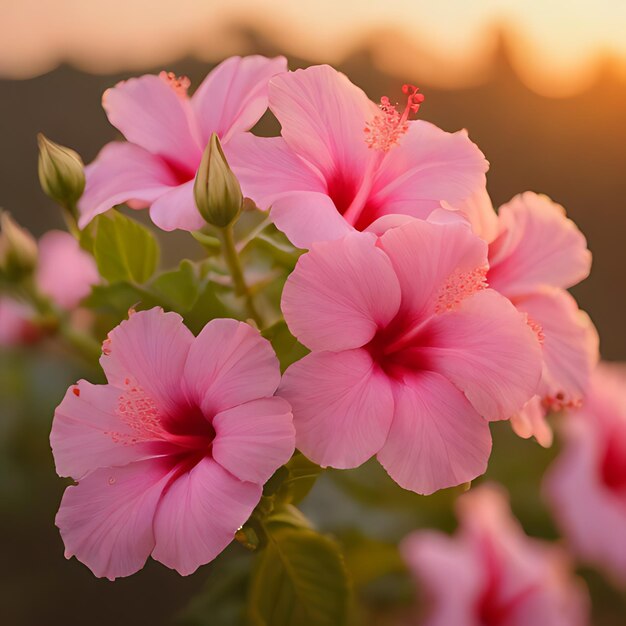 une fleur rose avec le soleil qui se couche derrière elle