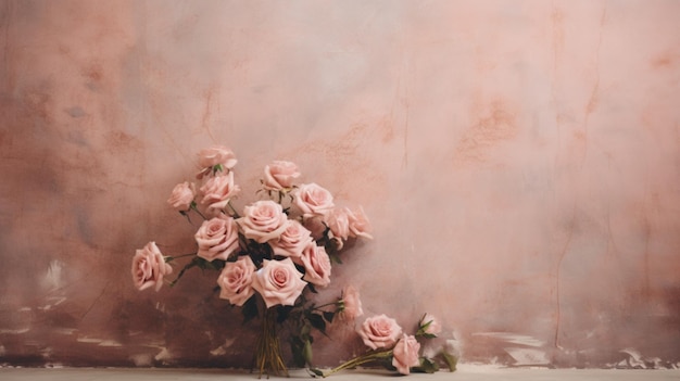 Photo fleur rose surface en béton vintage usée et mur patiné