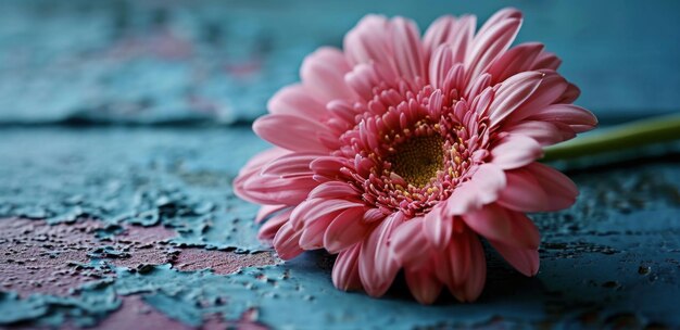 Photo une fleur rose sur une surface bleue