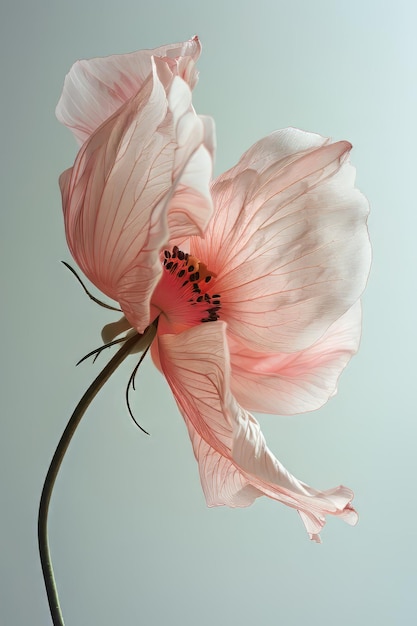 Une fleur rose suspendue sur un fond clair