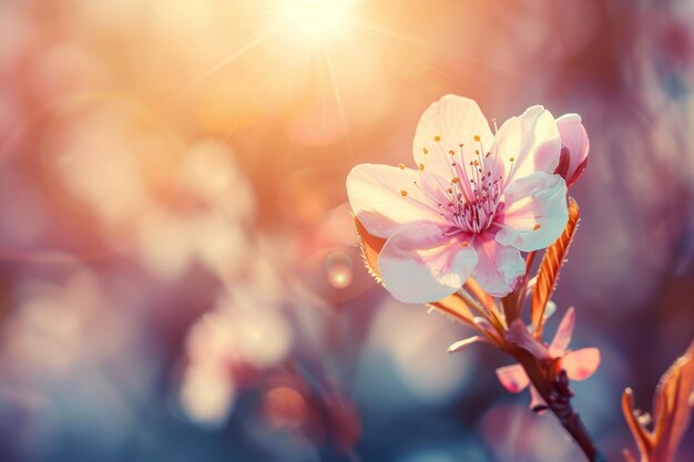 Une fleur rose avec une tige est au premier plan d'un fond flou