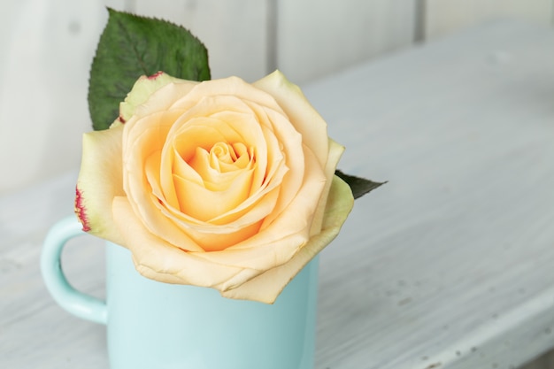 Fleur rose unique dans une tasse sur la table