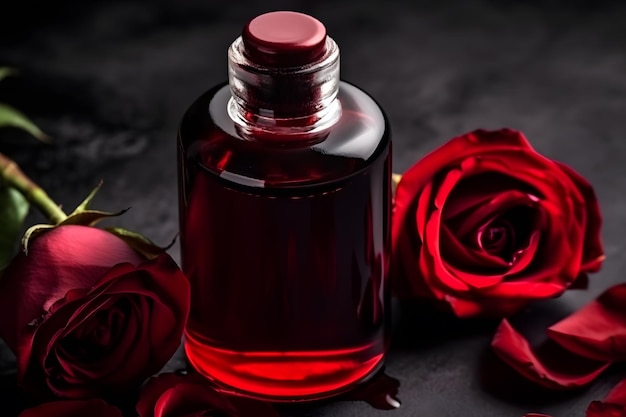 Photo fleur de rose et verre d'huile essentielle de bouteille ou d'eau de rose avec pétales de rose spa et concept cosmétique d'aromathérapie réseau de neurones généré par l'ia