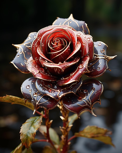 Fleur rose en verre rouge et or avec des gouttelettes d'eau dessus isolé sur fond noir IA générative