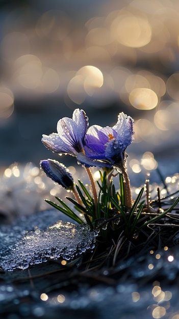 La fleur avec la rosée sur la neige Le concept de la nature Le réveil du printemps