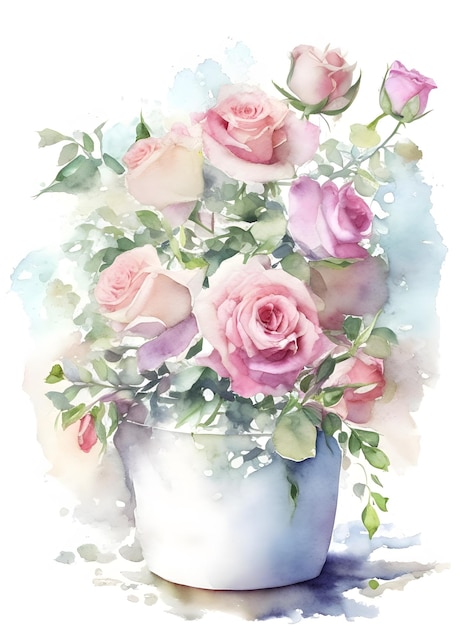 fleur de roses aquarelle sur fond blanc généré par AI