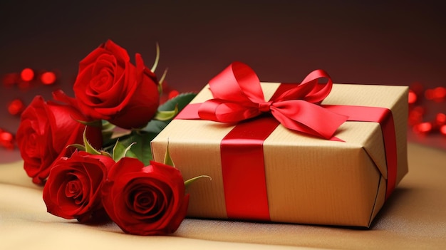 Photo fleur de roses et boîte cadeau avec ruban fond de la fête de la saint-valentin