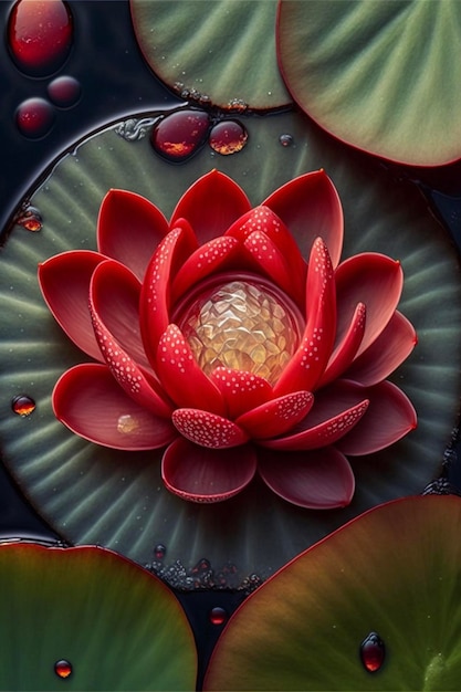 Fleur rouge assise sur une ai générative de feuille verte