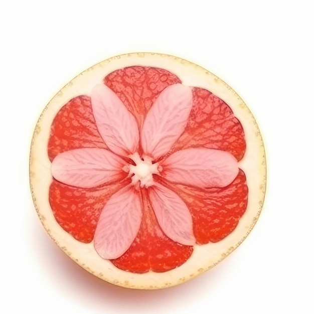 Une fleur rouge et blanche est sur un morceau de fruit.