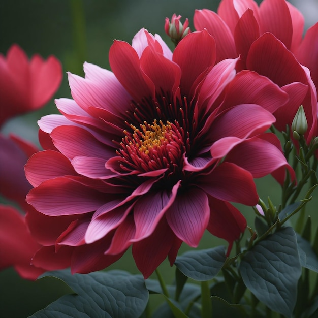 Une fleur rouge avec un centre jaune est au centre de la fleur.