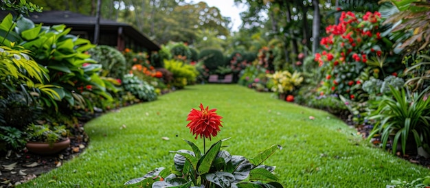 Une fleur rouge dans un jardin verdoyant
