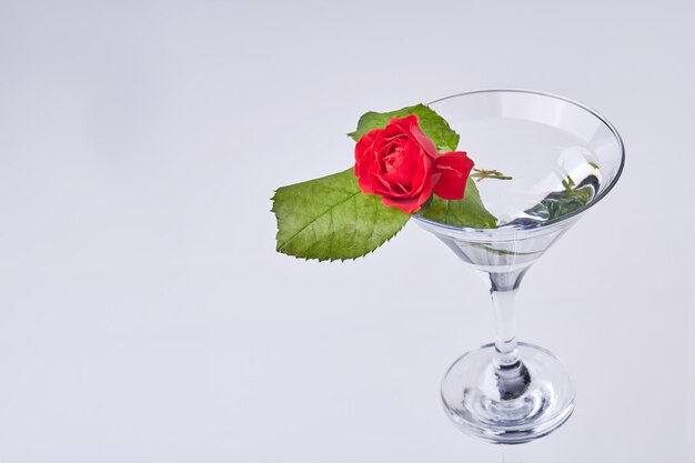 Fleur rouge dans un verre à cocktail et espace de copie