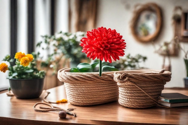 une fleur rouge est assise dans un panier sur une table avec des fleurs