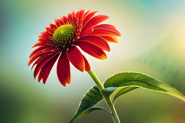 Une fleur rouge avec une feuille verte en arrière-plan