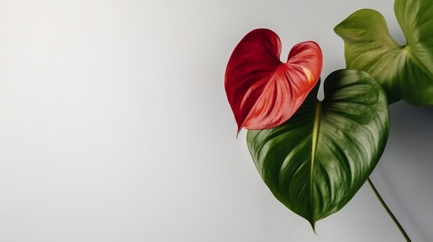 Une fleur rouge avec une feuille verte au centre