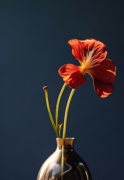 Une fleur rouge avec des feuilles vertes est dans un vase.