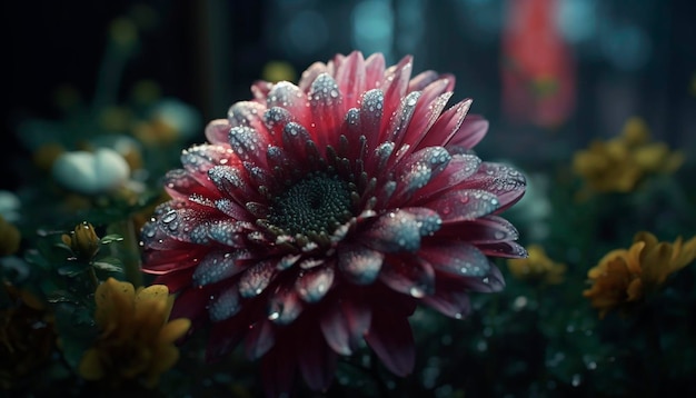 Une fleur rouge avec des gouttelettes d'eau dessus