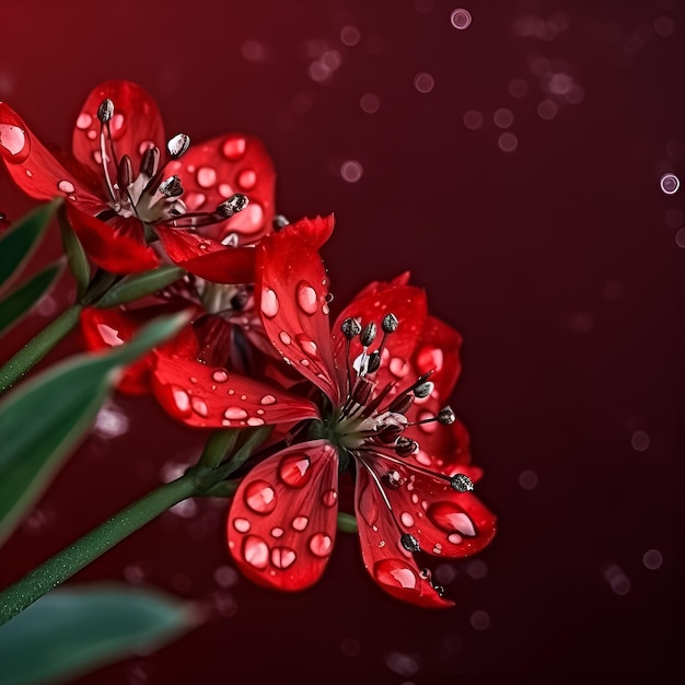 Une fleur rouge avec des gouttelettes d'eau dessus