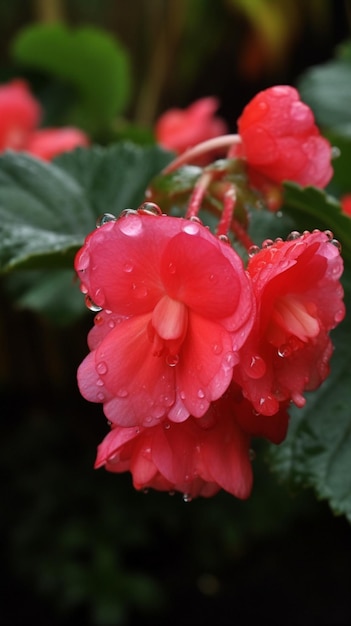 Une fleur rouge avec des gouttelettes d'eau dessus.