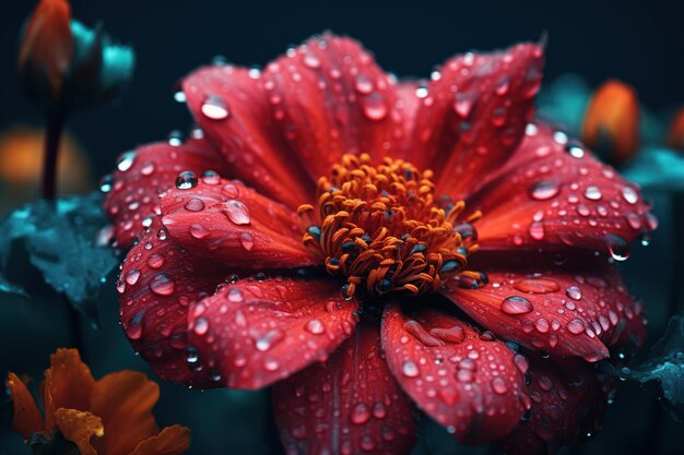 une fleur rouge avec des gouttes d'eau dessus