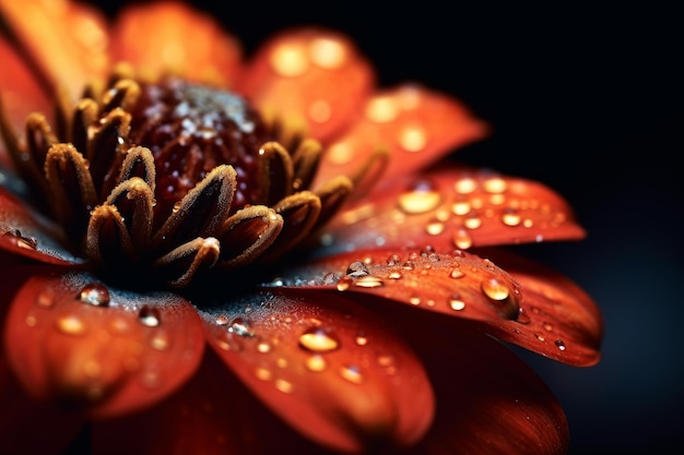 Une fleur rouge avec des gouttes d'eau dessus