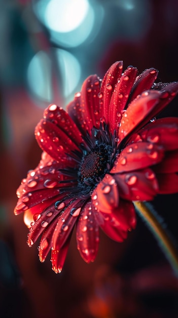 Fleur rouge avec des gouttes d'eau sur les pétales