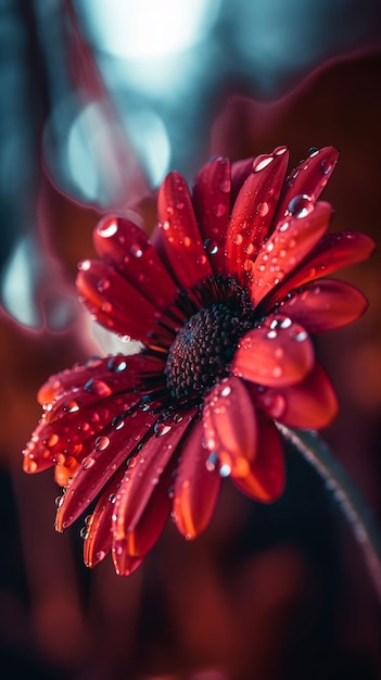 Fleur rouge avec des gouttes d'eau sur les pétales