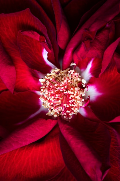 Une fleur rouge avec des graines d'or au centre.