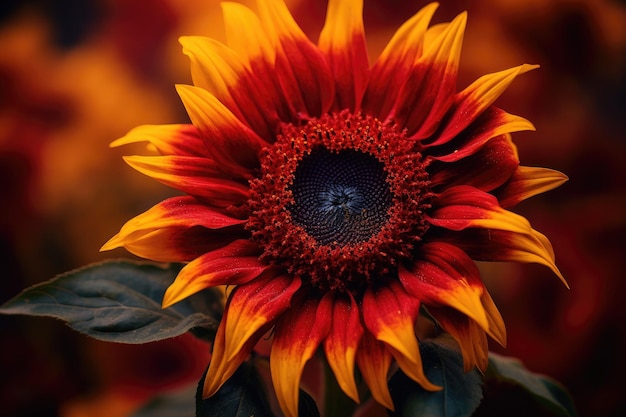 Une fleur rouge et jaune avec un centre bleu.