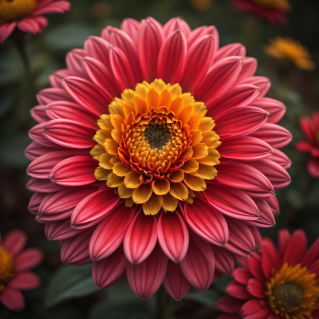 Une fleur rouge et jaune avec un centre jaune et un centre rouge.