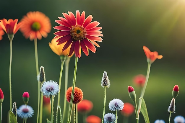 Une fleur rouge et jaune avec le soleil derrière elle