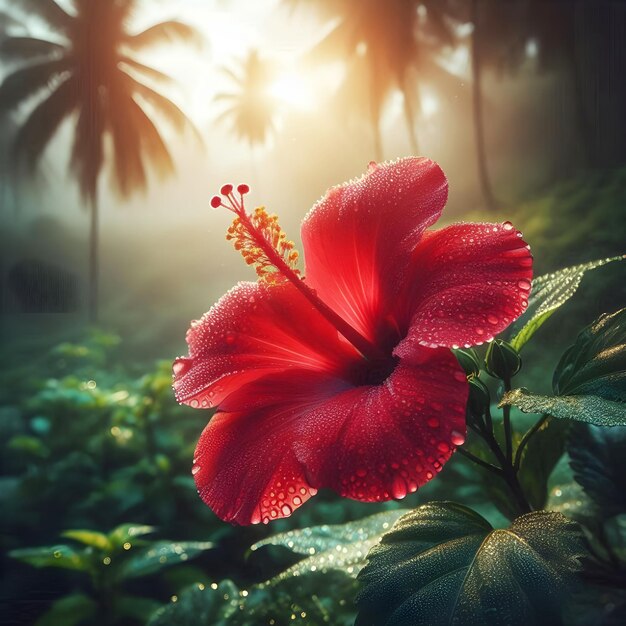 Photo une fleur rouge avec des palmiers en arrière-plan