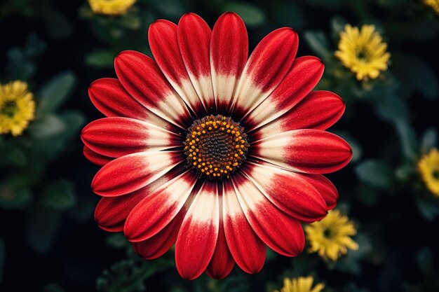 Une fleur rouge avec des pétales jaunes et un centre rouge.