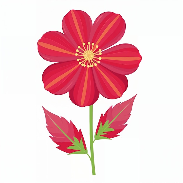 Fleur rouge avec tige et feuilles vertes.