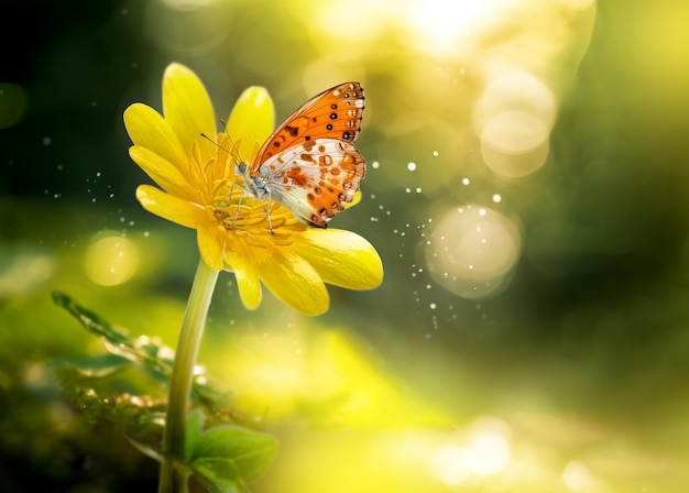 Photo fleur sauvage jaune et papillon dans la prairie avec la lumière du soleil et le bokeh