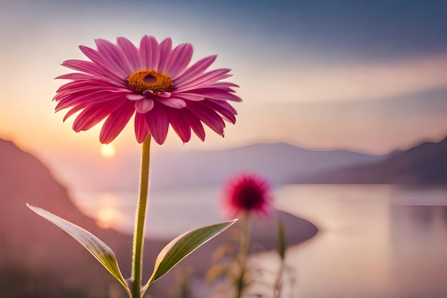 Une fleur avec le soleil couchant derrière elle