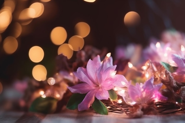 Une fleur sur une table avec des lumières en arrière-plan