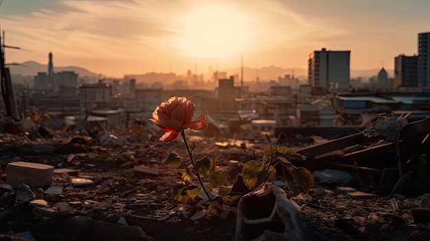 Une fleur sur un toit avec le soleil couchant derrière elle