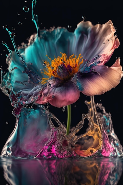 Une fleur tombe dans une éclaboussure d'eau.