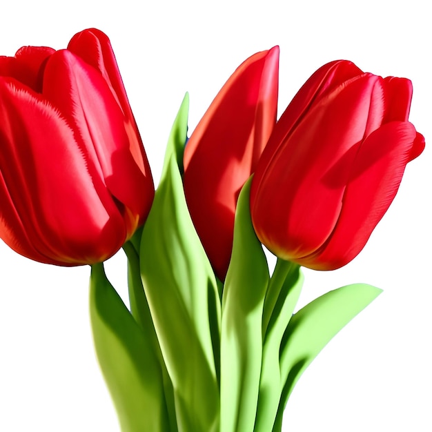 Fleur de tulipe 3d réaliste sur fond blanc avec des feuilles de tulipe rouge Flower Design Ultra High HD