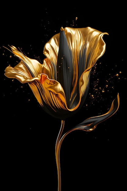 Fleur de tulipe dorée avec éclaboussures de peinture sur peinture noire Flower Art pour cadres muraux