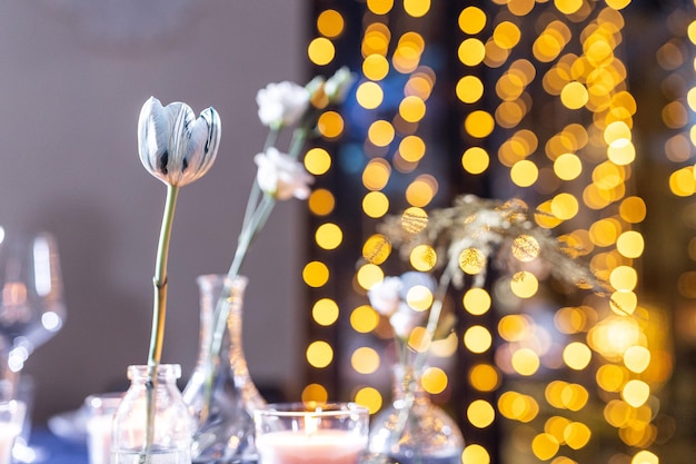 Fleur de tulipe rose une tulipe dans un vase sur le fond d'une guirlande de lumières photo de haute qualité