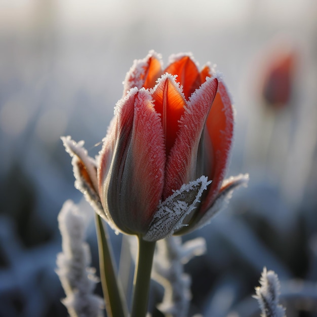 Fleur de tulipe rouge couverte de gel fleur étonnante gros plan beau fond de Noël