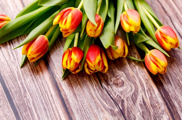 Fleur de tulipes de printemps sur fond de bois