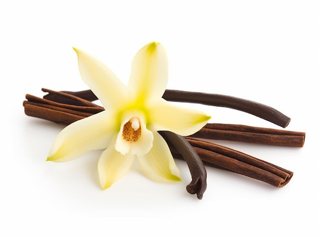 Une fleur de vanille est posée sur un fond blanc avec des bâtons de vanille.